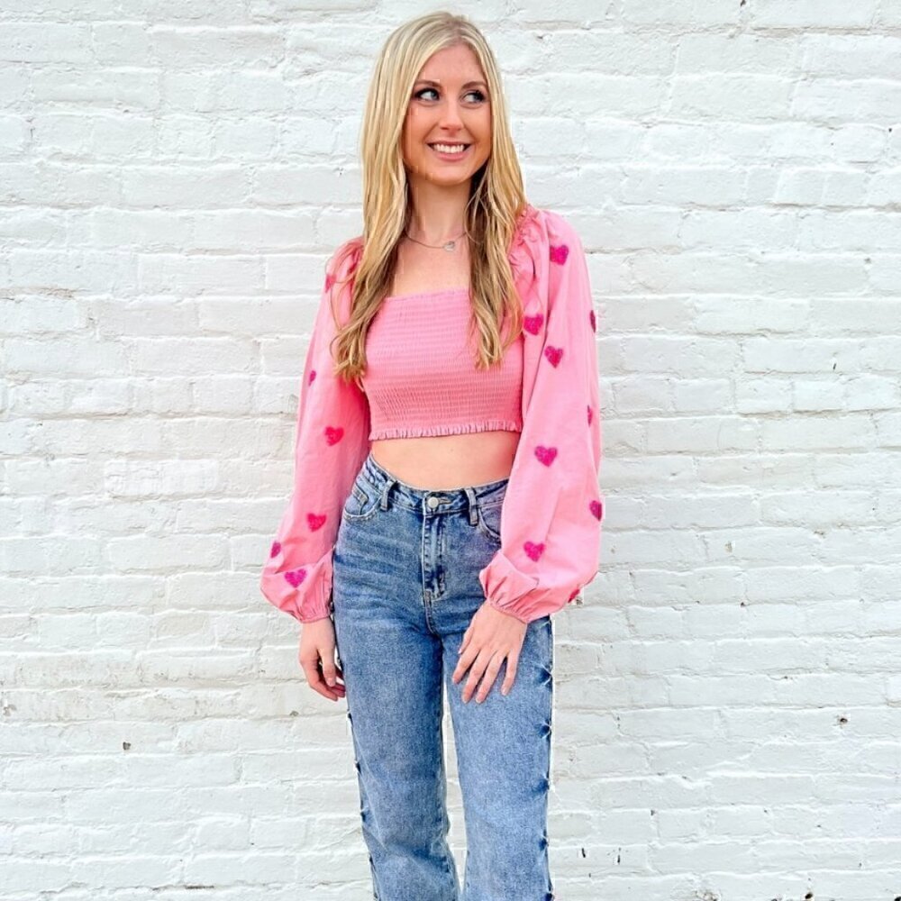 EUC - Main Strip Heartfelt Milkmaid Smocked Sequin Hearts Crop Top - Size: Large